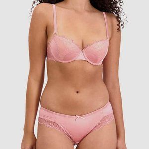 Frederick's of Hollywood Jolene Pink Satin & Lace Bra/Brazilian Panty Set 32C/XS